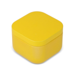 Vela de cera vegetal com aroma a baunilha em frasco de metal cúbico cor amarelo