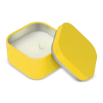 Vela de cera vegetal com aroma a baunilha em frasco de metal cúbico cor amarelo terceira vista