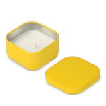 Vela de cera vegetal com aroma a baunilha em frasco de metal cúbico cor amarelo quinta vista