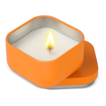 Vela de cera vegetal com aroma a baunilha em frasco de metal cúbico cor cor-de-laranja segunda vista
