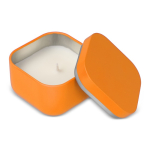 Vela de cera vegetal com aroma a baunilha em frasco de metal cúbico cor cor-de-laranja terceira vista
