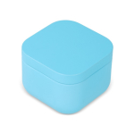 Vela de cera vegetal com aroma a baunilha em frasco de metal cúbico cor azul-claro