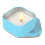 Vela de cera vegetal com aroma a baunilha em frasco de metal cúbico cor azul-claro segunda vista