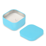 Vela de cera vegetal com aroma a baunilha em frasco de metal cúbico cor azul-claro quinta vista