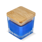 Vela de cera vegetal em frasco de vidro com tampa de bambu cor azul