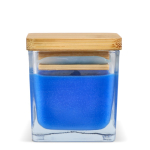 Vela de cera vegetal em frasco de vidro com tampa de bambu cor azul quarta vista