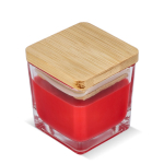 Vela de cera vegetal em frasco de vidro com tampa de bambu cor vermelho