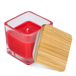 Vela de cera vegetal em frasco de vidro com tampa de bambu cor vermelho terceira vista