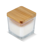 Vela de cera vegetal em frasco de vidro com tampa de bambu cor branco