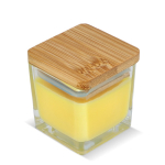 Vela de cera vegetal em frasco de vidro com tampa de bambu cor amarelo