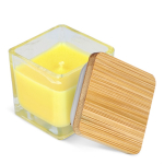Vela de cera vegetal em frasco de vidro com tampa de bambu cor amarelo terceira vista