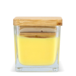Vela de cera vegetal em frasco de vidro com tampa de bambu cor amarelo quarta vista