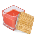 Vela de cera vegetal em frasco de vidro com tampa de bambu cor cor-de-laranja terceira vista