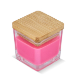 Vela de cera vegetal em frasco de vidro com tampa de bambu cor cor-de-rosa