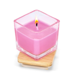 Vela de cera vegetal em frasco de vidro com tampa de bambu cor cor-de-rosa segunda vista