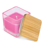 Vela de cera vegetal em frasco de vidro com tampa de bambu cor cor-de-rosa terceira vista