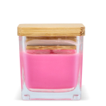 Vela de cera vegetal em frasco de vidro com tampa de bambu cor cor-de-rosa quarta vista
