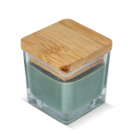Vela de cera vegetal em frasco de vidro com tampa de bambu cor verde oliva
