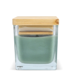 Vela de cera vegetal em frasco de vidro com tampa de bambu cor verde oliva quarta vista