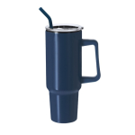 Caneca térmica de aço inoxidável com pega e palhinha preta 1,2 L cor azul-marinho primeira vista