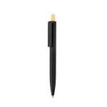 Caneta de plástico reciclado com botão de bambu, tinta azul cor preto