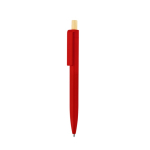 Caneta de plástico reciclado com botão de bambu, tinta azul cor vermelho primeira vista