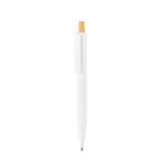 Caneta de plástico reciclado com botão de bambu, tinta azul cor branco primeira vista