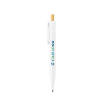 Caneta de plástico reciclado com botão de bambu, tinta azul vista principal