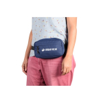 Bolsa de cintura de poliéster reciclado com forro e 2 compartimentos cor azul imagem com logo 5