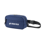 Bolsa de cintura de poliéster reciclado com forro e 2 compartimentos cor azul imagem com logo