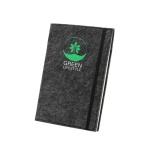 Caderno publicitário de capa de feltro reciclado, folhas A5 pautadas cor cinzento-escuro imagem com logo