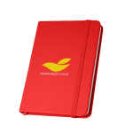 Caderno de capa dura parcialmente reciclado, folhas A5 pautadas cor vermelho imagem com logo