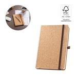 Caderno com capa de cortiça com fita e porta-lápis, folhas A5 lisas varias cores