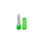 Bálsamo labial vegan com aroma a baunilha e embalagem transparente cor verde-claro