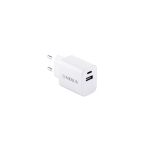 Adaptador de corrente de plástico reciclado com duas portas USB cor branco imagem com logo