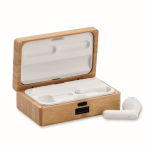 Auriculares sem fios com microfone em estojo de bambu cor madeira terceira vista