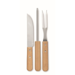 Estojo com aspecto de madeira com 3 utensílios para churrasco cor madeira terceira vista