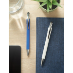 Caneta anti-stress com spinner na parte superior, tinta azul cor branco vista conjunto