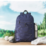 Mochila de poliéster rPET com bolsos de malha em ambos os lados cor azul vista conjunto