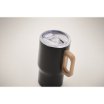 Caneca de aço inoxidável reciclado com pega de madeira 350 ml cor preto vista fotografia terceira vista