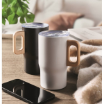 Caneca de aço inoxidável reciclado com pega de madeira 350 ml cor branco vista conjunto