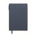 Caderno de capa dura com caneta no interior, folhas A5 pautadas cor azul-marinho