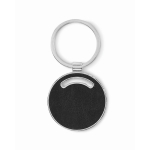 Porta-chaves metálico, forma redonda com embutido de pele sintética cor preto