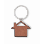 Porta-chaves metálico, forma de casa com embutido de pele sintética cor castanho