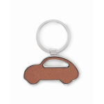 Porta-chaves metálico, forma de carro com embutido de pele sintética cor castanho