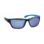 Óculos de sol desportivos, lentes espelhadas e detalhes coloridos cor turquesa