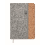 Caderno com capa de feltro rPET e detalhe de cortiça na lateral A5 cor cinzento