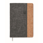 Caderno com capa de feltro rPET e detalhe de cortiça na lateral A5 cor cinzento-escuro