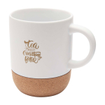 Caneca de cerâmica em acabamento mate e base de cortiça 300 ml cor branco vista impressão tampografia
