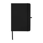Caderno de papel reciclado com capa dura, folhas A5 pautadas cor preto segunda vista frontal